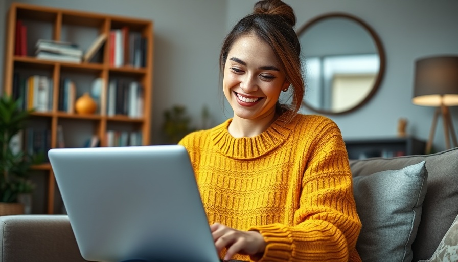 Smiling woman working on a laptop, conveying happiness in work and life.