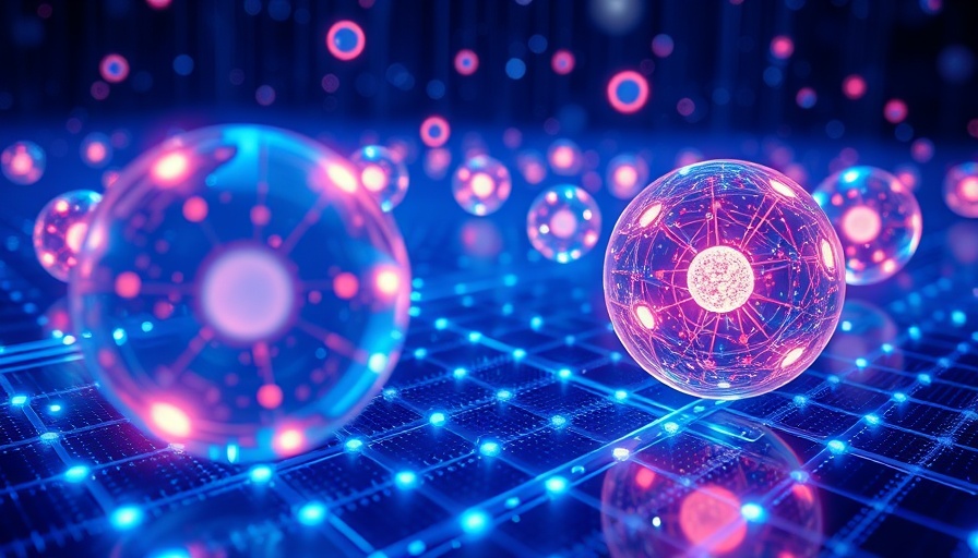 Quantum memory breakthrough visualized with luminous spheres and digital grid.