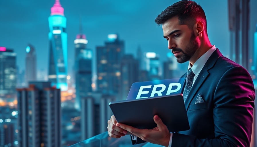 Futuristic business professional with digital ERP interface and cityscape.