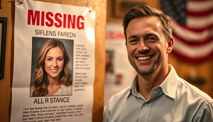 Smiling man beside missing poster of a woman, indoor setting, emotional scene.