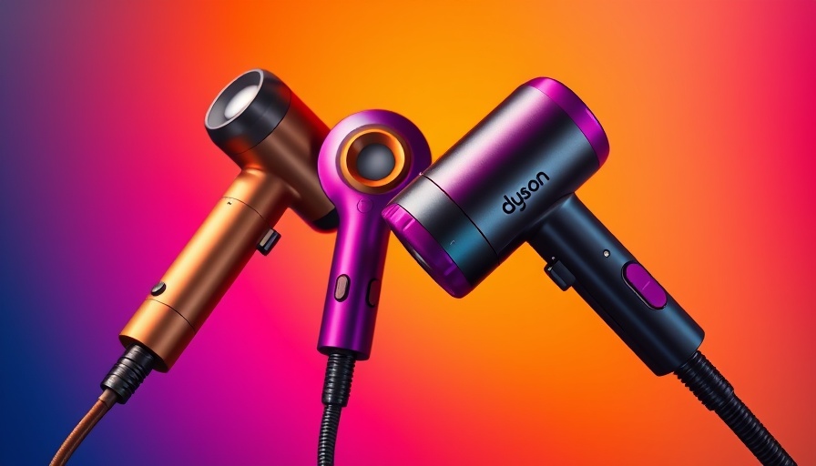 Colorful Dyson hair tools on a vibrant gradient background.