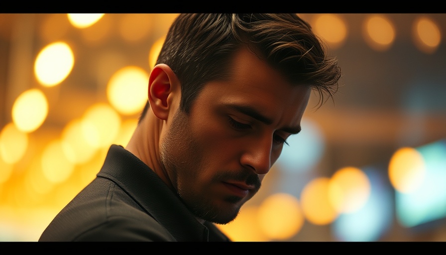 Contemplative man with pensive expression amidst warm glow.