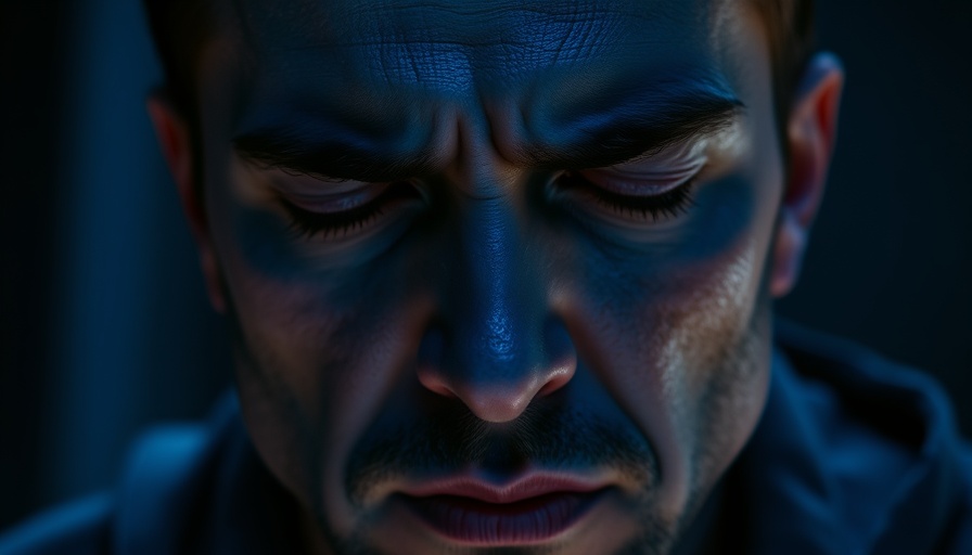 Frustrated man in blue lighting, eyes closed, concentrating.