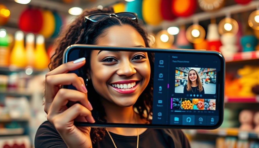Young woman using Adobe Premiere app on iPhone in a vibrant shop.
