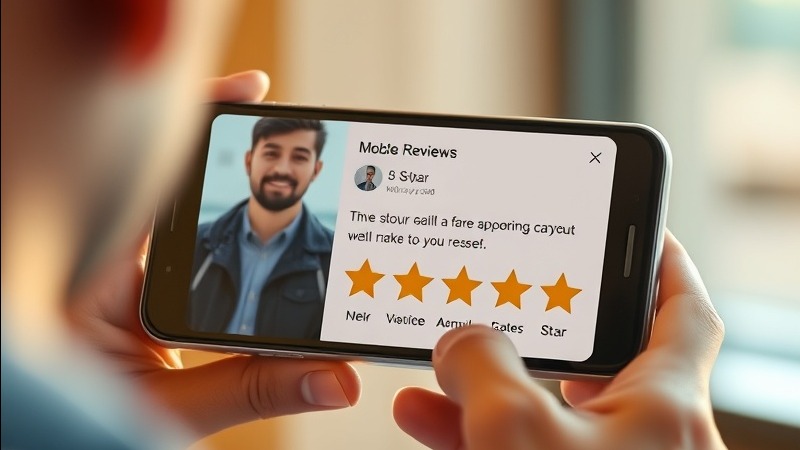 consistent reputation reviews, content individual, rating on phone, photorealistic, bustling cafe with warm ambiance, exceedingly detailed, pastries on table, 10-bit color depth, golden tones, reflective lighting, shot with a 28mm lens