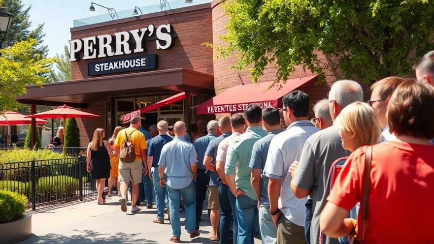 Crowd waiting at Perry's Steakhouse for Houston dining deals on a sunny day.
