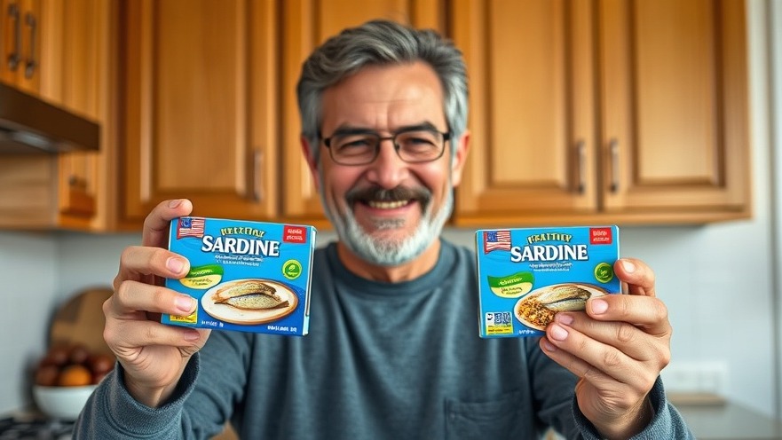 Middle-aged man with sardine cans promoting mental wellness for seniors in a bright kitchen.