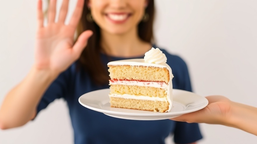 Senior woman declining cake for better nutrition and mental health.