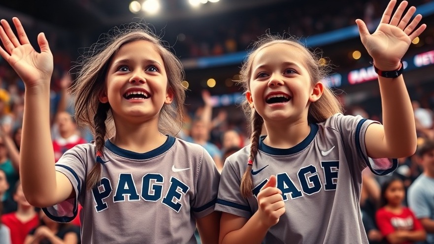 Two young girls in Paige Bueckers shirts cheer at a lively college basketball event.
