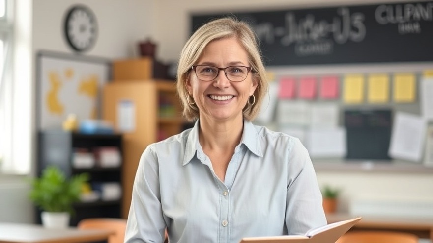 Middle-aged female teacher in classroom promoting San Antonio educator discounts.