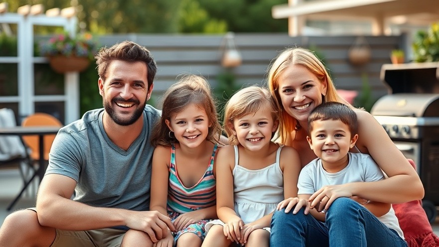 Smiling family enjoying outdoor patio, promoting community healing and mental health support.