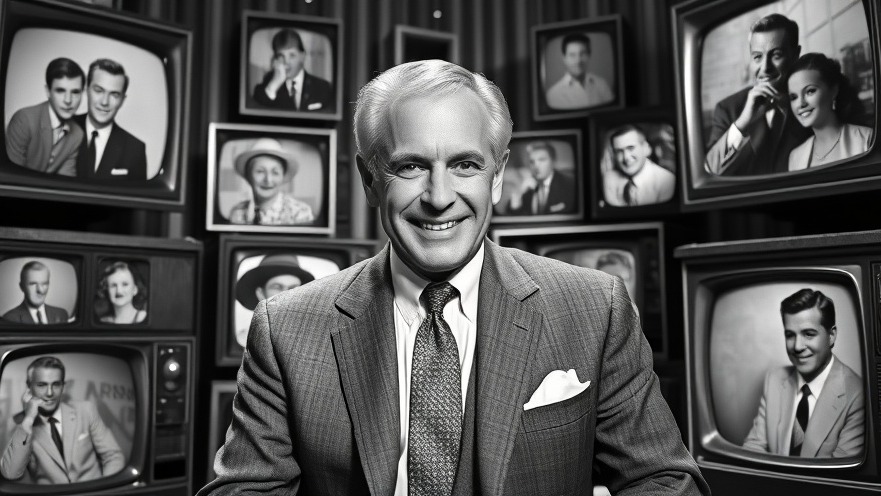 Johnny Carson in monochrome with vintage TV portraits, evoking San Antonio entertainment nostalgia.
