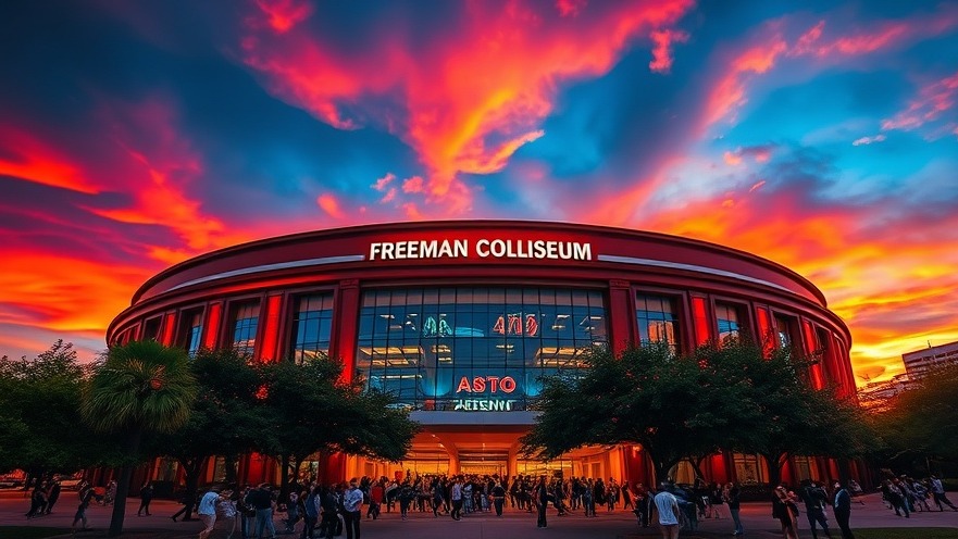 Freeman Coliseum bustling with crowds at sunset, reflecting San Antonio's local economy growth.