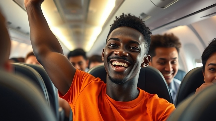 Young black athlete celebrating victory aboard an airplane, showcasing sports culture.
