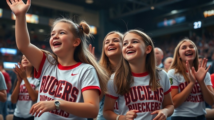 Young girls in Paige Bueckers shirts cheer at a March Madness event, vibrant colors.