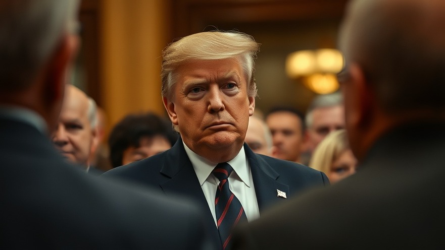 Trump with serious expression in indoor crowd, showcasing political communication.