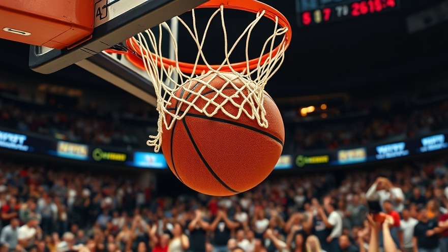 Close-up of a basketball swishing through the hoop during March Madness, vibrant colors.