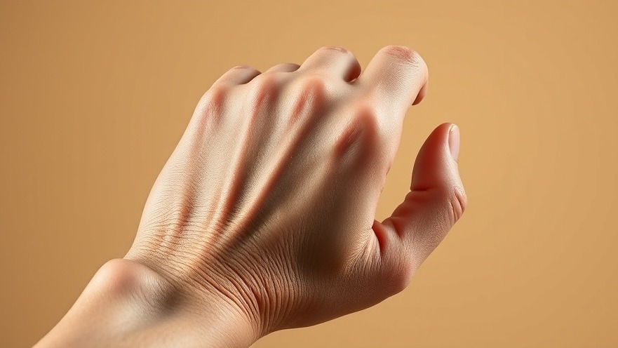 Close-up of a hand showing dystonia symptoms with muscle tension and deformity.