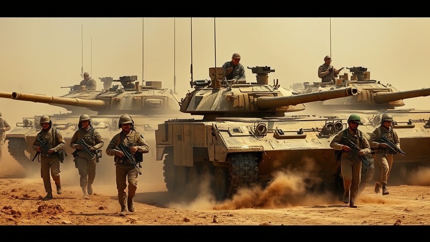 Soldiers in dusty military scene, focused on Gaza ceasefire amid U.S. military deployment.
