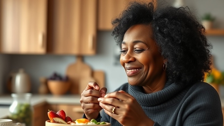 Older black woman practicing mindful eating during a healthy breakfast in a cozy kitchen.