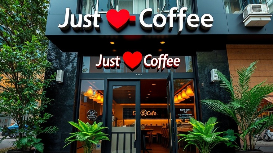 Inviting entrance of Just Love Coffee in San Antonio, showcasing modern architecture and vibrant ambiance.