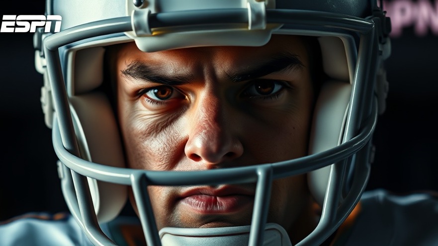 Intense white male athlete in football helmet, ESPN branding, discussing fantasy football picks.