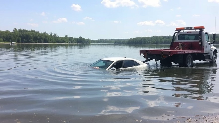 Tow truck retrieving submerged automobile, spotlighting public safety in missing persons cases Dallas.