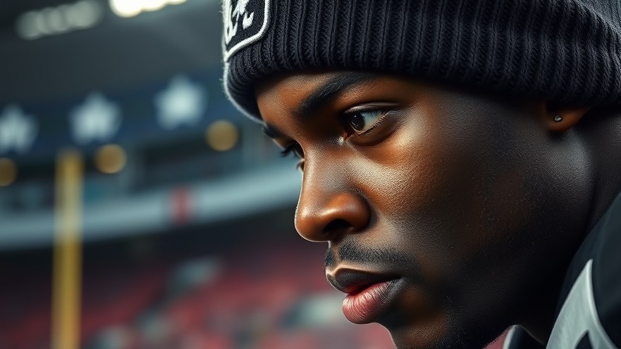 Intense black football player in beanie, capturing NFL draft rumors for Super Bowl 2025.