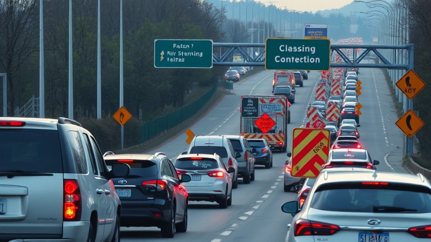 Crowded highway traffic with construction signs highlighting Austin traffic alerts.