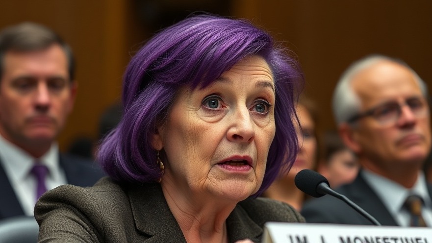 Old woman with purple hair speaks at congressional hearing on U.S. political news.