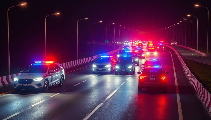 Highway 59 traffic closure with police vehicles and flashing lights at night.