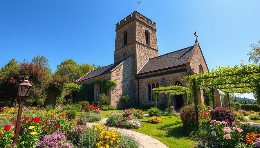 Vivid garden in front of medieval stone church tower, sunny day.