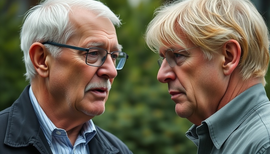 Two older men discussing American democracy updates, outdoor setting.