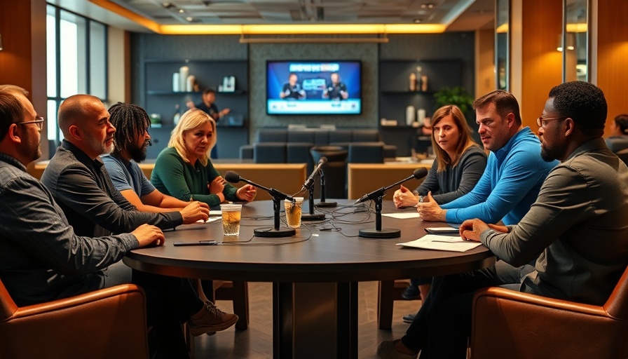 Casual sports talk panel with diverse group in modern lounge setting.