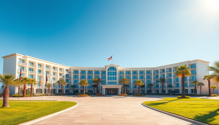 Fertitta Holiday Inn Resort renovation with modern facade and flags.
