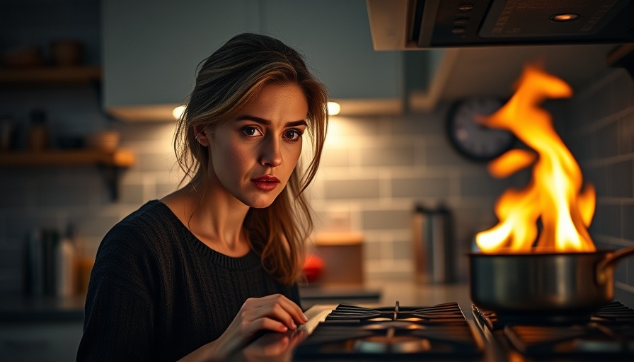 Concerned woman in kitchen looking at a lit stove flame, mental health tips.