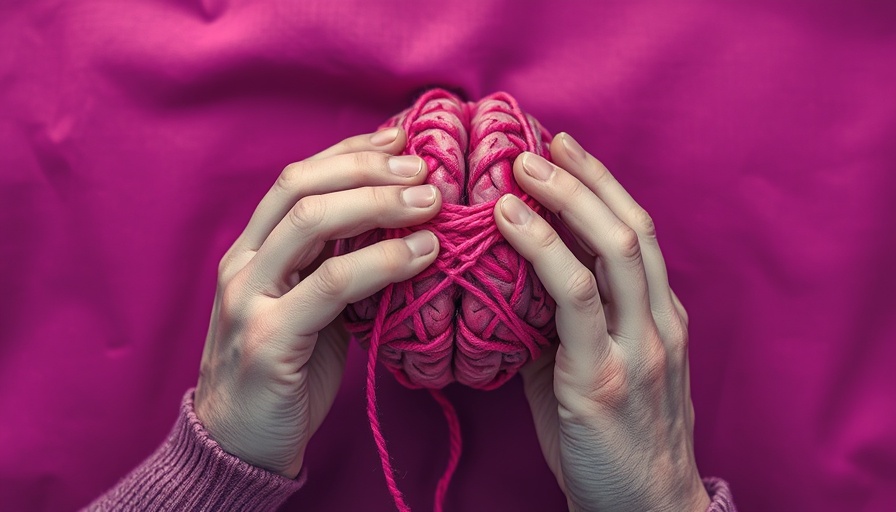 Creative hands knitting a brain against purple background, symbolizing brain health.