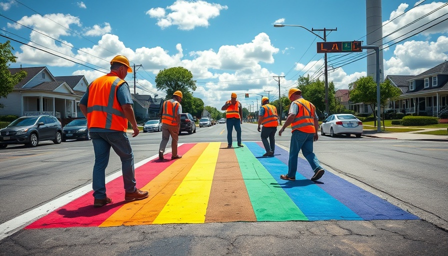 Texas Governor directive rainbow crosswalks implemented by street workers in vibrant colors.