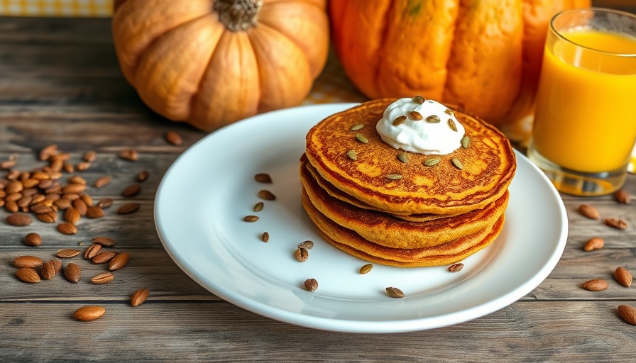 Pumpkin ginger snap pancakes with cream on a plate, rustic wooden table setting.