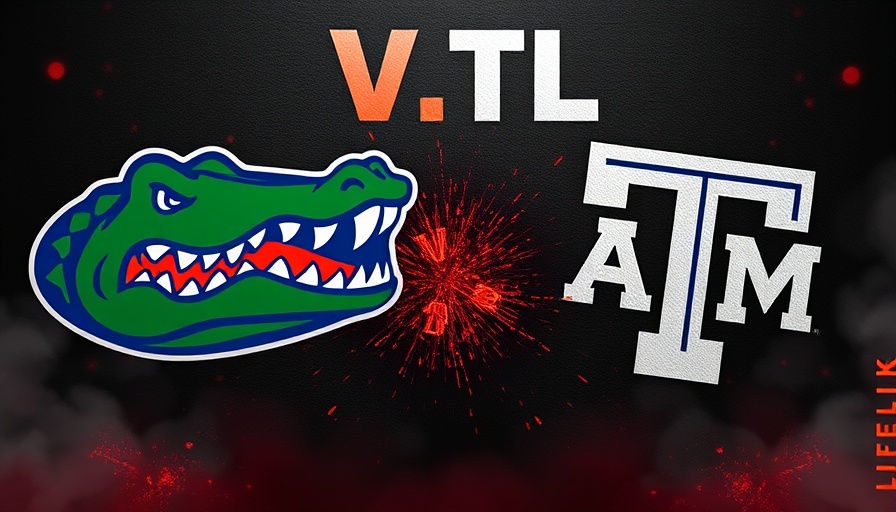 Florida Gators vs Texas A&M Aggies graphic poster, intense logo clash.