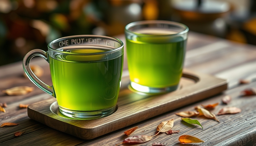 Elegant green tea set with leaves on rustic table, promoting green tea fat burning.