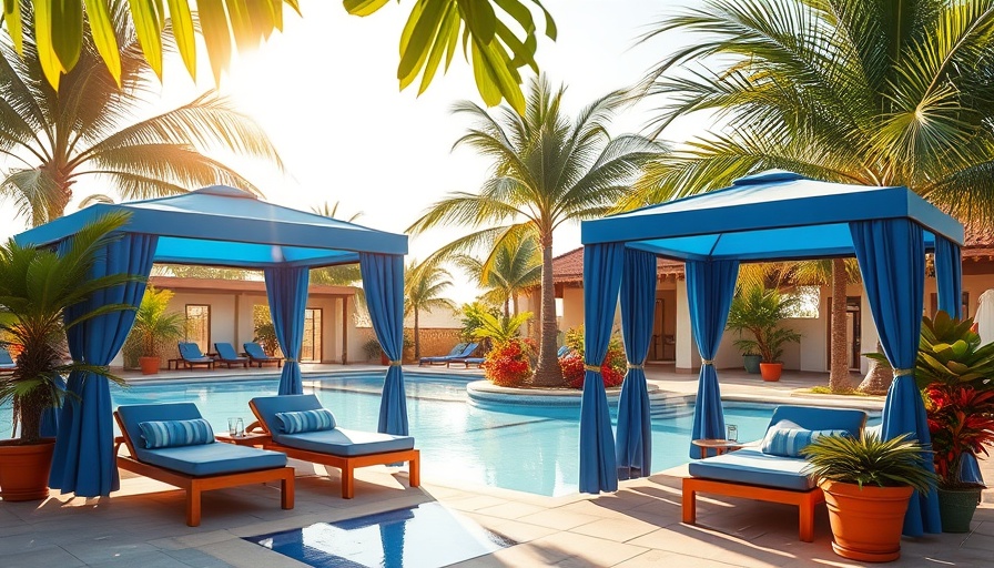Austin lifestyle scene by the pool with cabanas and palm trees.
