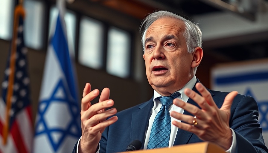 Israeli politician discussing Gaza peace deal with flags in background.