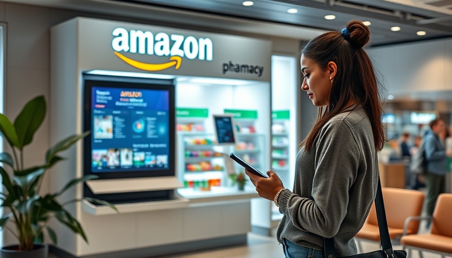 Amazon Pharmacy prescriptions kiosk in a modern waiting area with a relaxed woman.