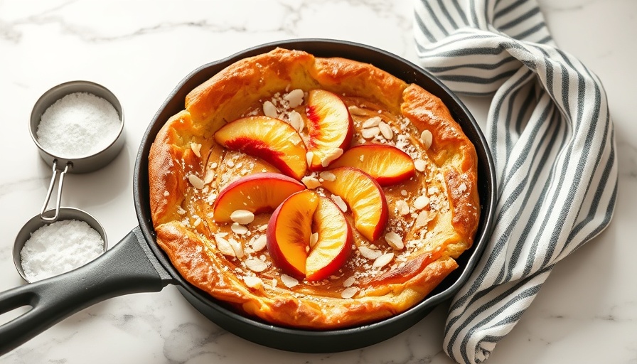 Apple Dutch Baby Pancake topped with peaches and almonds in a pan.