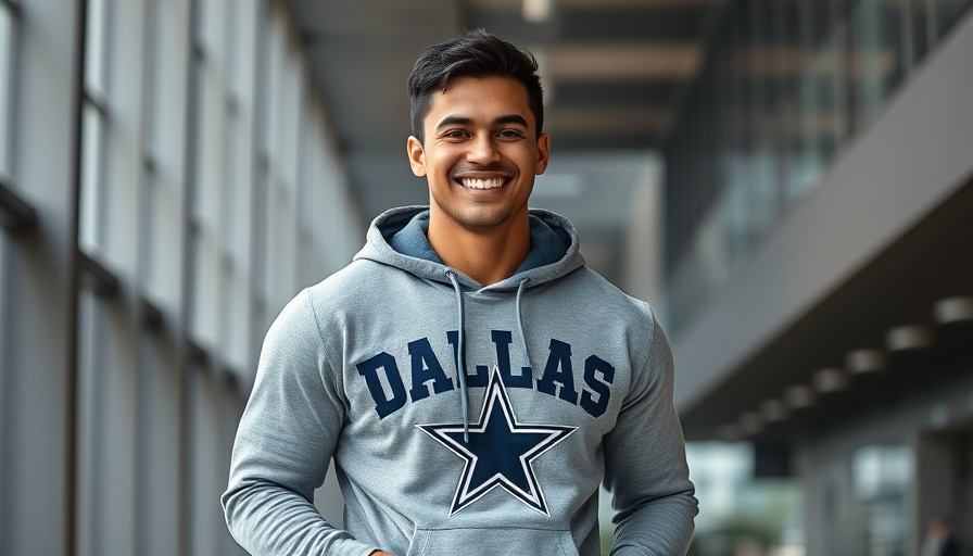 Dallas Cowboys player smiling indoors wearing team hoodie.