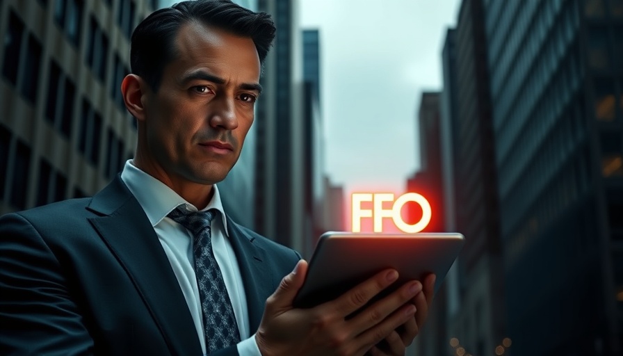 Formal businessman with CFO text on tablet, city backdrop