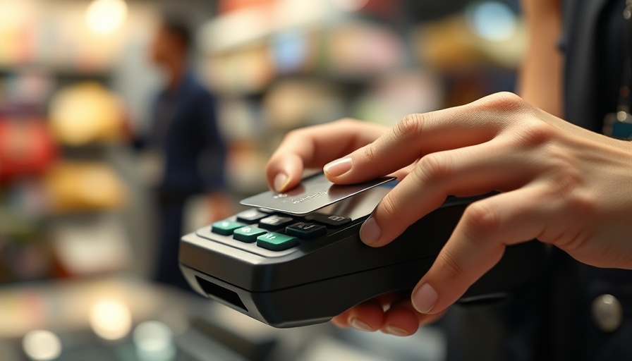Close-up credit card insertion at payment terminal in retail setting.