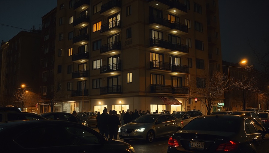 Sharpstown apartment shooting incident scene at night with gathered crowd.