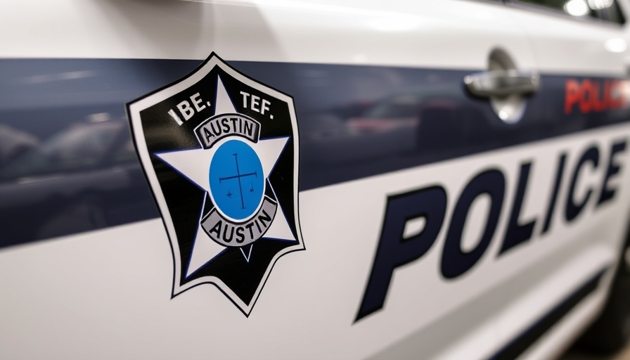 Austin police car door emblem close-up related to North Austin murder arrest.